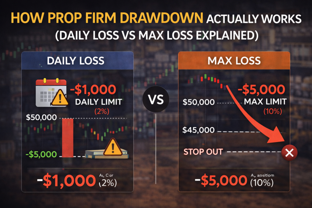 How Prop Firm Drawdown Actually Works (Daily Loss vs Max Loss Explained) how prop firm drawdown works