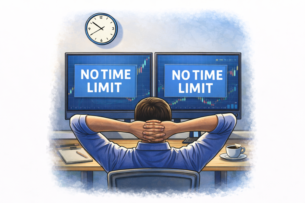 Best Prop Firms With No Time Limit (2026 Guide) trader analyzing charts in a calm office (1)